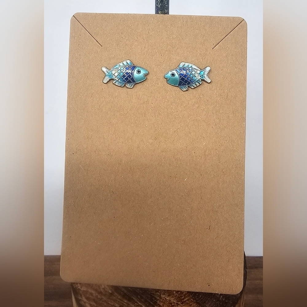 Vintage Sterling Gold Plated Handmade Enamel Cloisonne Fish Shape Stud Earrings